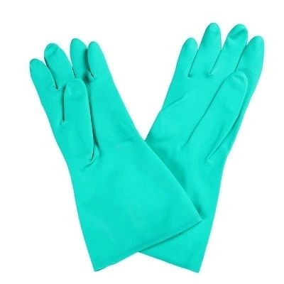 Luva do nitrilo do verde do agregado familiar para 15 de manipulação químicos Mil Flocked Lining