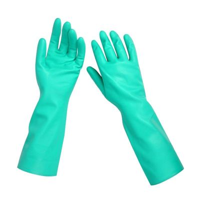 Luvas de nitril verde de 33 cm de comprimento, resistentes a produtos químicos, concebidas para laboratório e indústria alimentar.