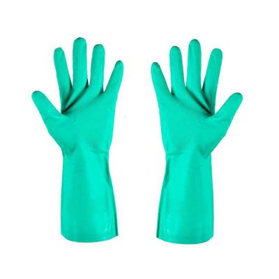 Guante de mão de nitrilo verde não revestido de revestimento, com punho sem contas, resistente a produtos químicos, durável, adequado para laboratórios médicos e industriais