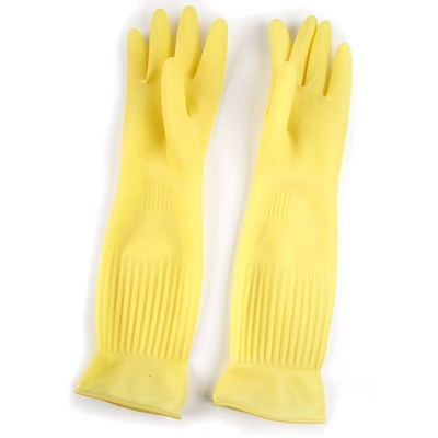 O rebanho amarelo longo extra das luvas 45CM do látex do punho da cozinha alinhou luvas