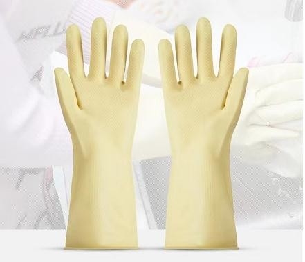 As luvas amarelas do látex do agregado familiar do engrossamento puncionam a luva amarela do látex da prevenção 32cm