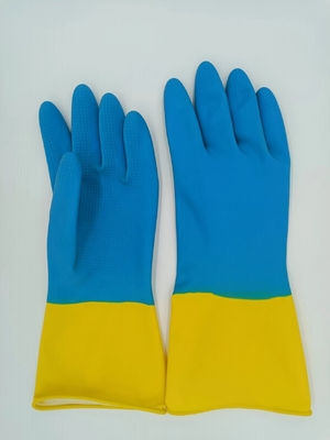 A casa bicolor industrial da luva do látex amarelo azul reuniu a resistência química
