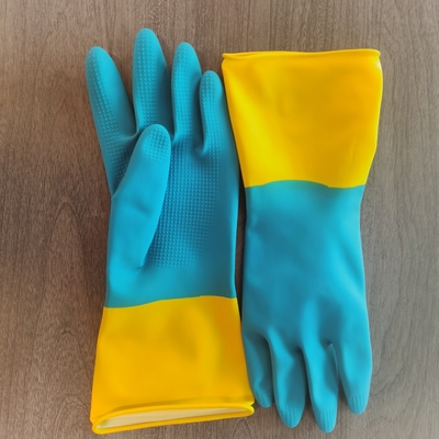 Agregado familiar bicolor industrial de limpeza da luva do látex da cozinha que engrossa a resistência química