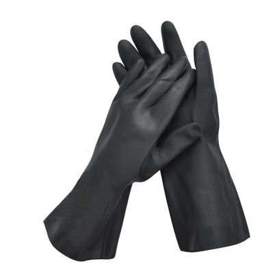 O rebanho químico das luvas 330mm do neopreno da resistência do alcaloide alinhou luvas pretas do neopreno