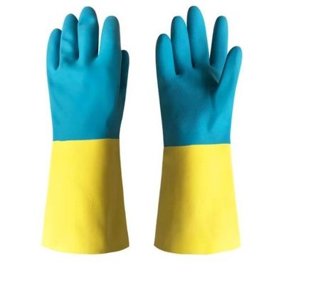 Produto químico industrial bicolor do uso da luva industrial do neopreno amarelo azul resistente