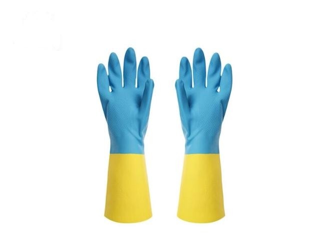 O rebanho resistente ao calor das luvas químicas industriais bicolores do neopreno alinhou luvas do látex